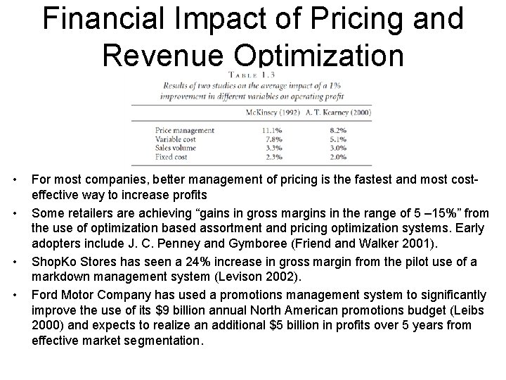 Financial Impact of Pricing and Revenue Optimization • • For most companies, better management