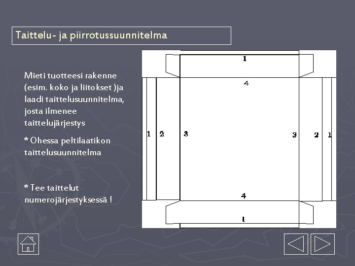 Taittelu- ja piirrotussuunnitelma Mieti tuotteesi rakenne (esim. koko ja liitokset )ja laadi taittelusuunnitelma, josta