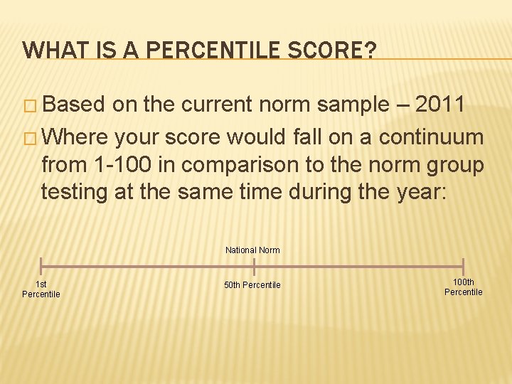 WHAT IS A PERCENTILE SCORE? � Based on the current norm sample – 2011