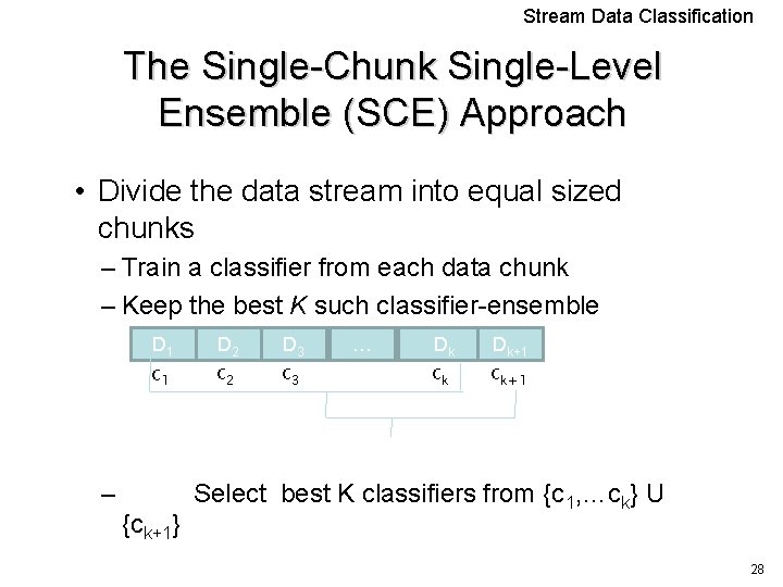 Stream Data Classification The Single-Chunk Single-Level Ensemble (SCE) Approach • Divide the data stream