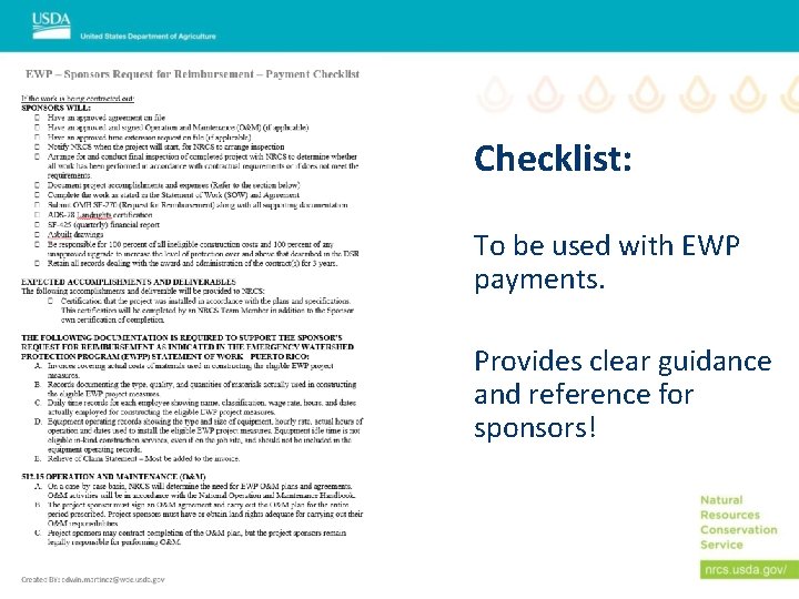 Checklist: To be used with EWP payments. Provides clear guidance and reference for sponsors!