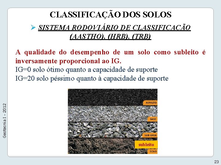 CLASSIFICAÇÃO DOS SOLOS Ø SISTEMA RODOVIÁRIO DE CLASSIFICAÇÃO (AASTHO), (HRB), (TRB) Geotecnia I -