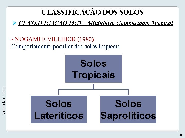 CLASSIFICAÇÃO DOS SOLOS Ø CLASSIFICAÇÃO MCT - Miniatura, Compactado, Tropical - NOGAMI E VILLIBOR