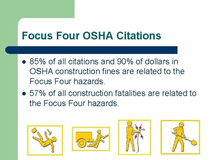 Focus Four OSHA Citations l l 85% of all citations and 90% of dollars