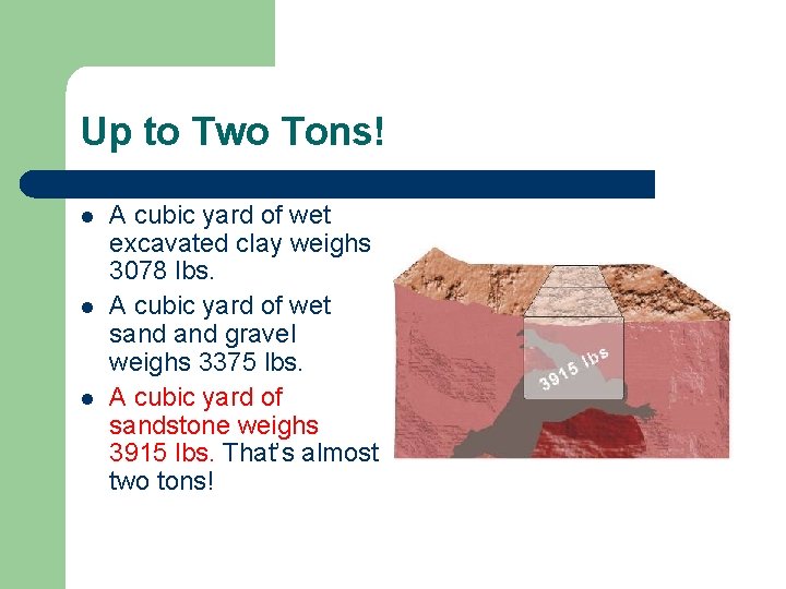 Up to Two Tons! l l l A cubic yard of wet excavated clay