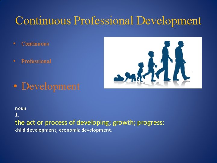 Continuous Professional Development • Continuous • Professional • Development noun 1. the act or