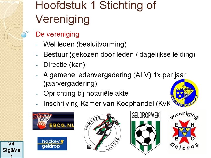 Hoofdstuk 1 Stichting of Vereniging De vereniging - Wel leden (besluitvorming) - Bestuur (gekozen