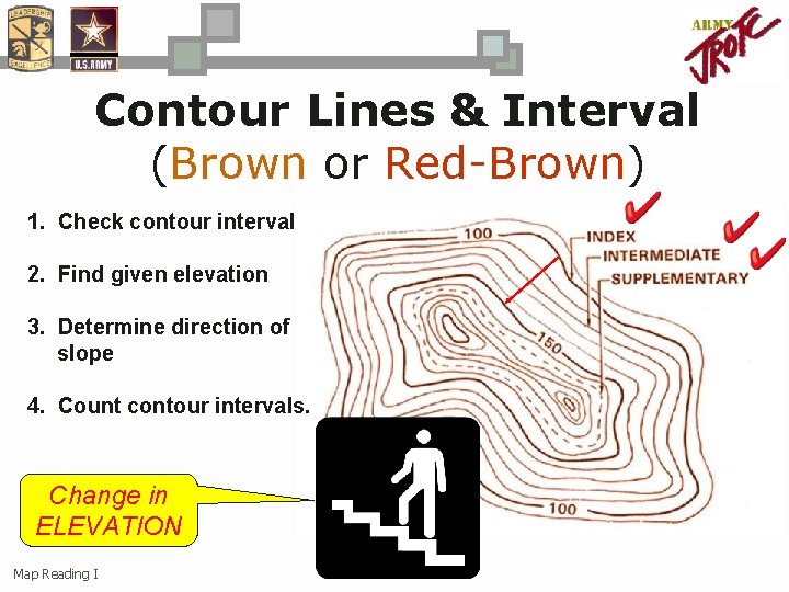 Contour Lines & Interval (Brown or Red-Brown) 1. Check contour interval 2. Find given