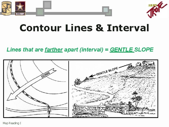 Contour Lines & Interval Lines that are farther apart (interval) = GENTLE SLOPE Map