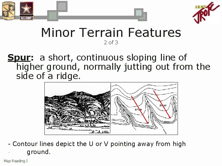 Minor Terrain Features 2 of 3 Spur: a short, continuous sloping line of higher