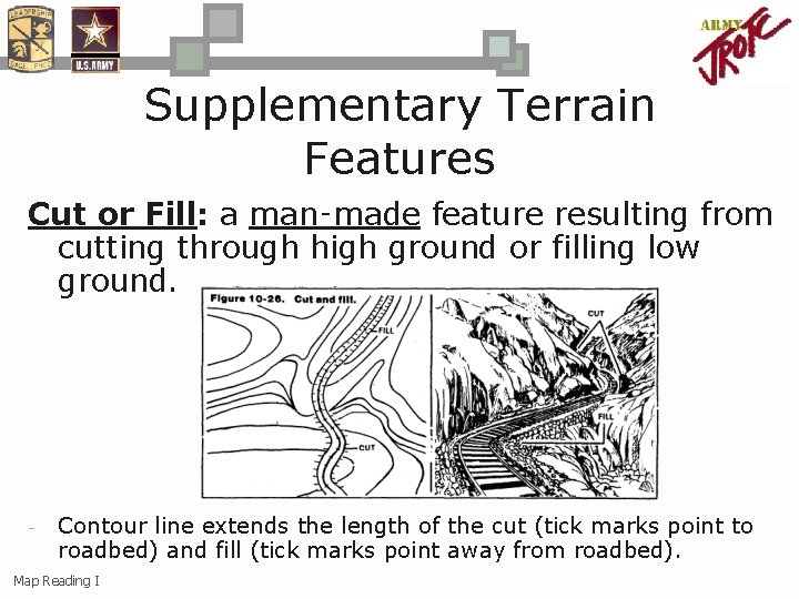 Supplementary Terrain Features Cut or Fill: a man‑made feature resulting from cutting through high