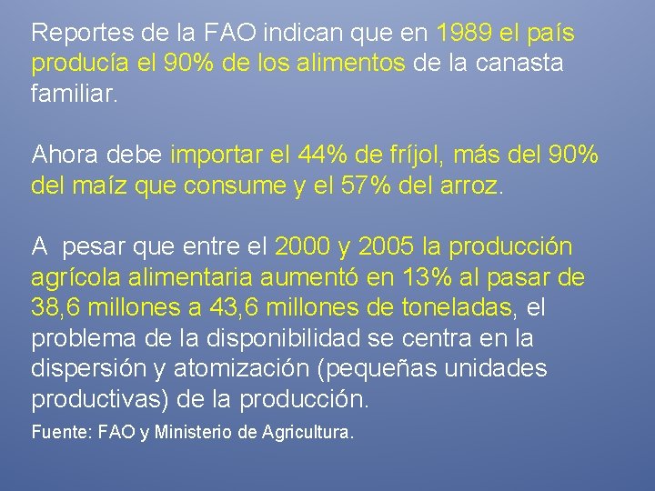 Reportes de la FAO indican que en 1989 el país producía el 90% de