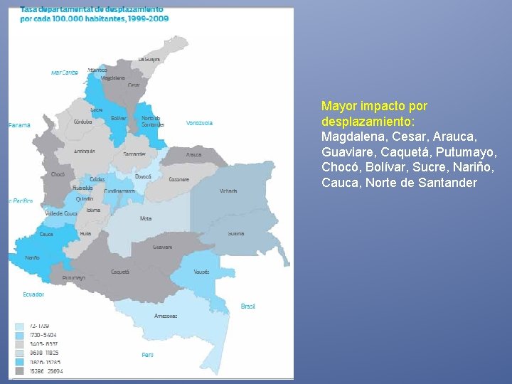 Mayor impacto por desplazamiento: Magdalena, Cesar, Arauca, Guaviare, Caquetá, Putumayo, Chocó, Bolívar, Sucre, Nariño,