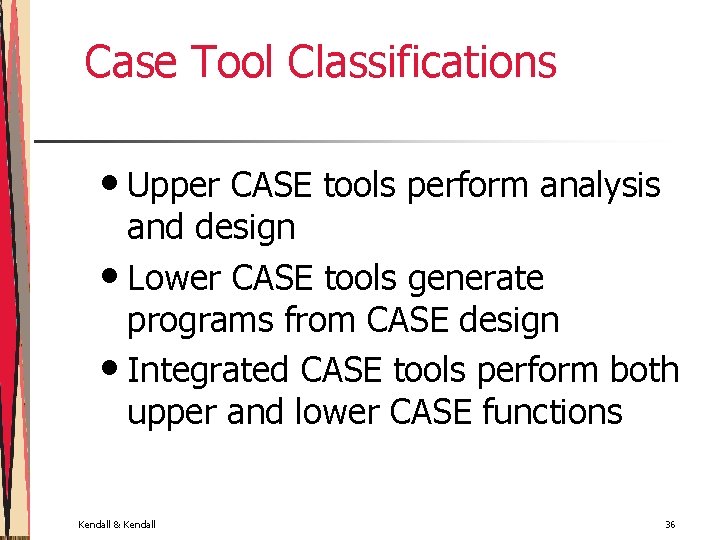 Case Tool Classifications • Upper CASE tools perform analysis and design • Lower CASE