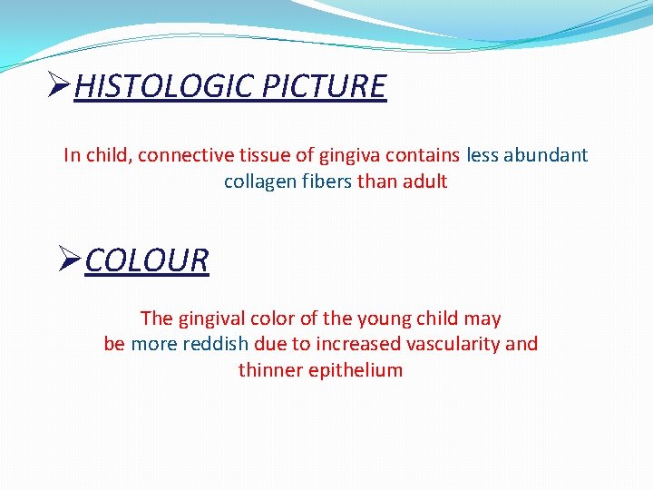 ØHISTOLOGIC PICTURE In child, connective tissue of gingiva contains less abundant collagen fibers than
