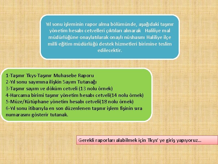 Yıl sonu işleminin rapor alma bölümünde, aşağıdaki taşınır yönetim hesabı cetvelleri çıktıları alınarak Haliliye