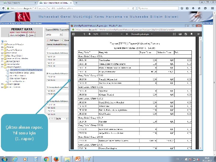 Çıktısı alınan rapor. Yıl sonu için (1. rapor) 