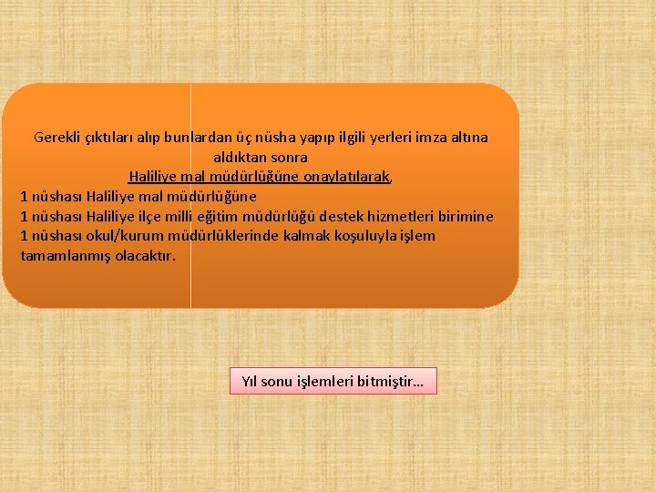 Gerekli çıktıları alıp bunlardan üç nüsha yapıp ilgili yerleri imza altına aldıktan sonra Haliliye