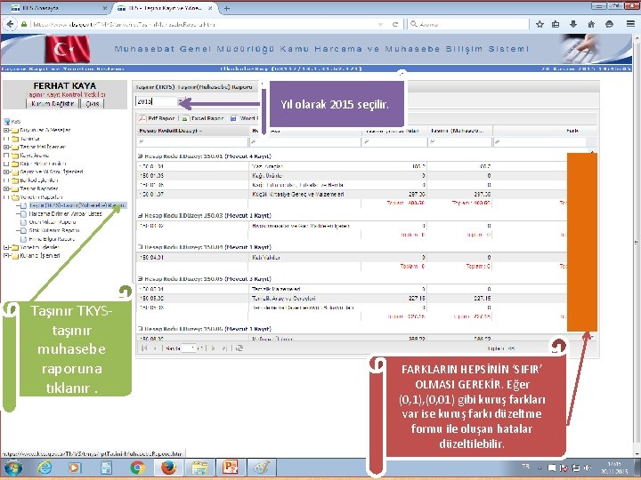 Yıl olarak 2015 seçilir. Taşınır TKYStaşınır muhasebe raporuna tıklanır. FARKLARIN HEPSİNİN ‘SIFIR’ OLMASI GEREKİR.