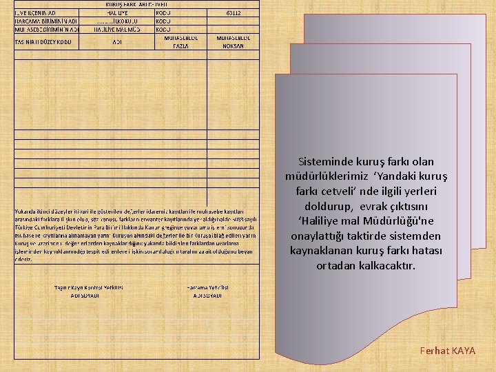 Sisteminde kuruş farkı olan müdürlüklerimiz ‘Yandaki kuruş farkı cetveli’ nde ilgili yerleri doldurup, evrak