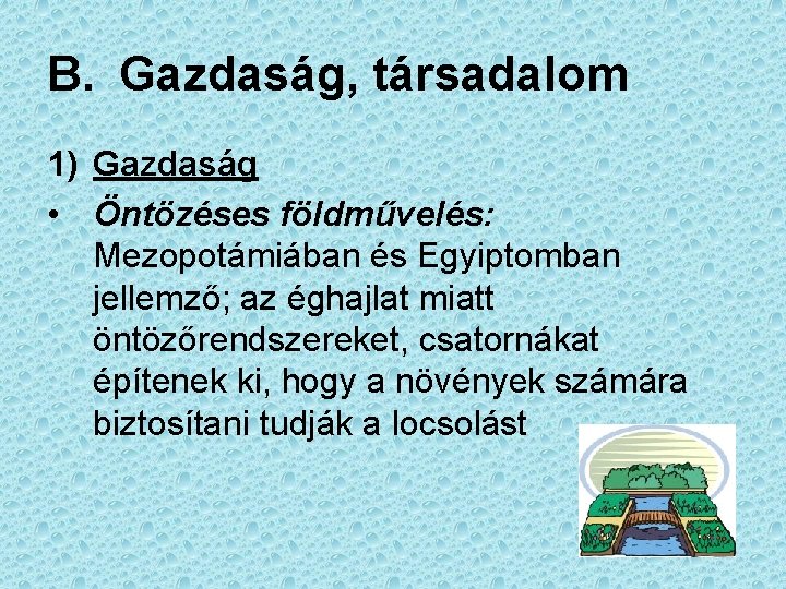 B. Gazdaság, társadalom 1) Gazdaság • Öntözéses földművelés: Mezopotámiában és Egyiptomban jellemző; az éghajlat