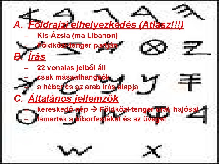 A. Földrajzi elhelyezkedés (Atlasz!!!) – – Kis-Ázsia (ma Libanon) Földközi-tenger partján B. Írás –