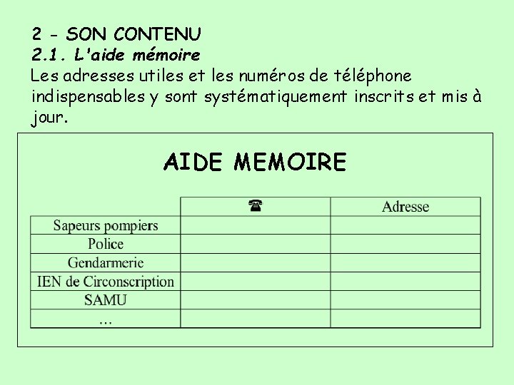 2 - SON CONTENU 2. 1. L'aide mémoire Les adresses utiles et les numéros