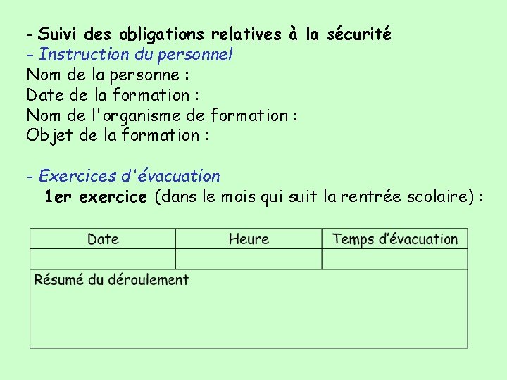 - Suivi des obligations relatives à la sécurité - Instruction du personnel Nom de