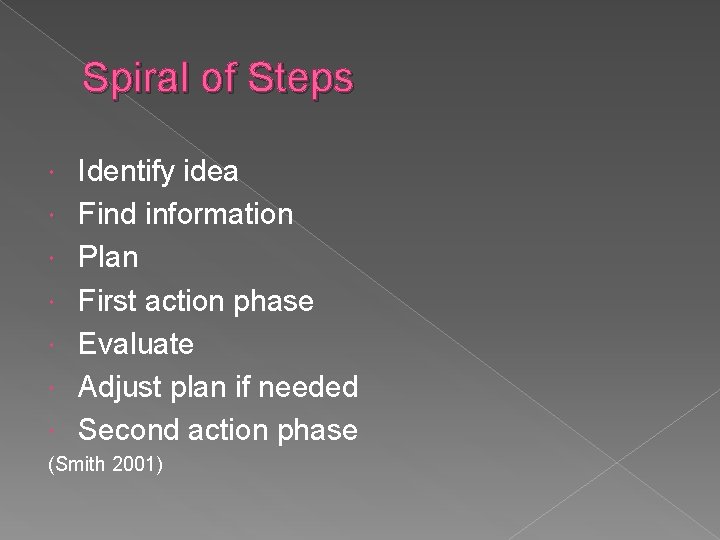 Spiral of Steps Identify idea Find information Plan First action phase Evaluate Adjust plan Spiral of Steps Identify idea Find information Plan First action phase Evaluate Adjust plan