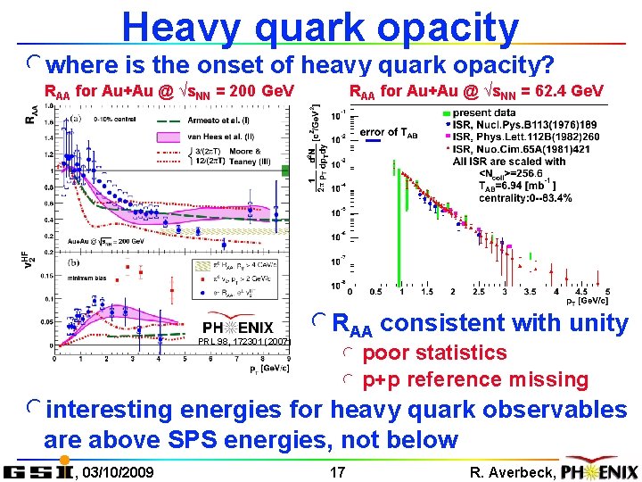 Heavy quark opacity lwhere is the onset of heavy quark opacity? RAA for Au+Au