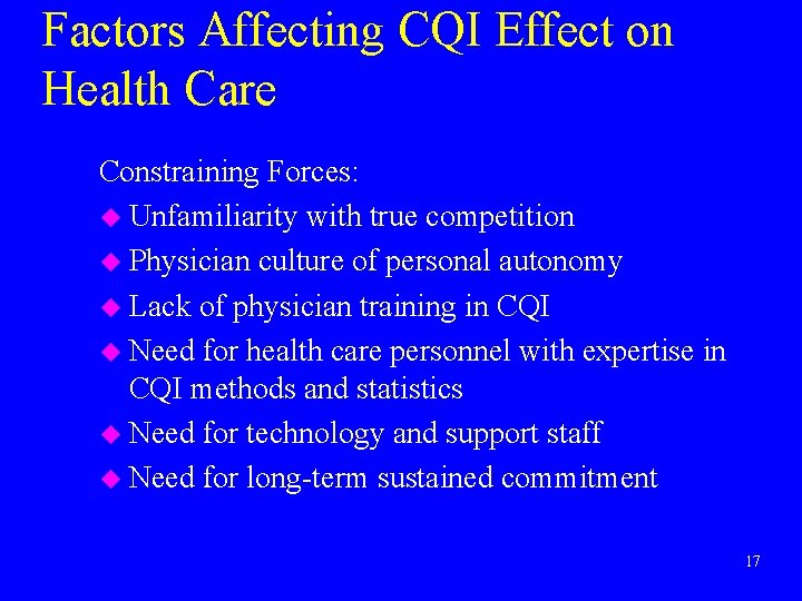 Factors Affecting CQI Effect on Health Care Constraining Forces: u Unfamiliarity with true competition