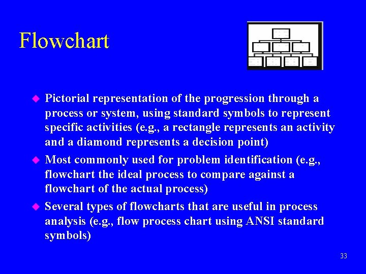 Flowchart u u u Pictorial representation of the progression through a process or system,