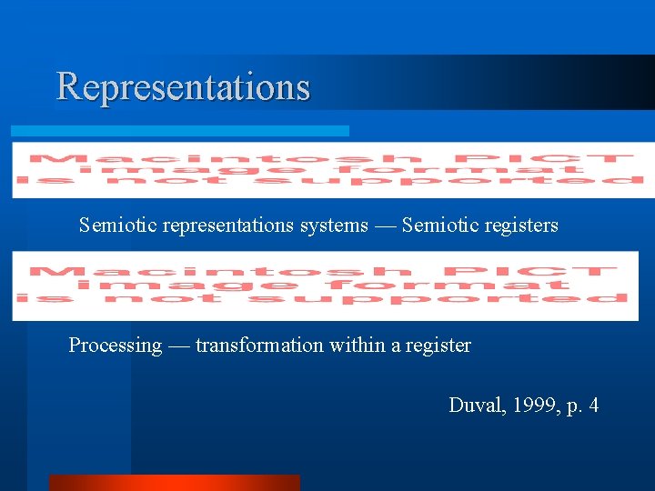 Representations Semiotic representations systems — Semiotic registers Processing — transformation within a register Duval,