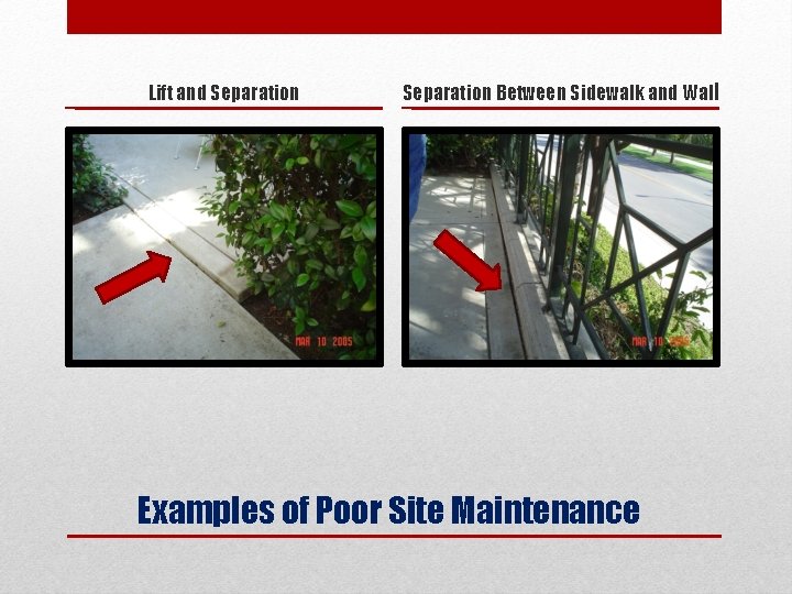 Lift and Separation Between Sidewalk and Wall Examples of Poor Site Maintenance 
