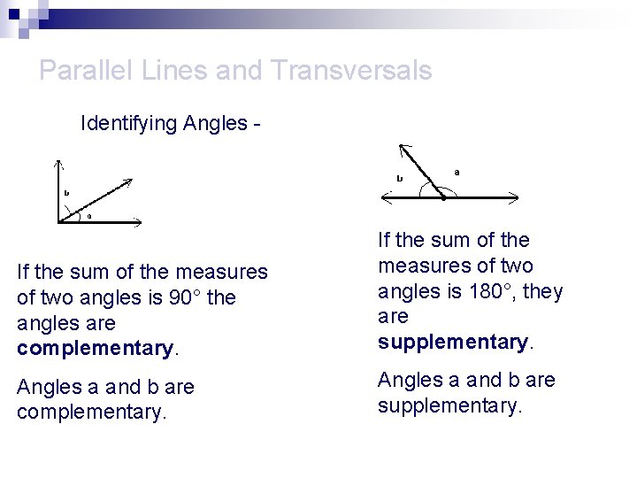 Parallel Lines and Transversals Identifying Angles - If the sum of the measures of