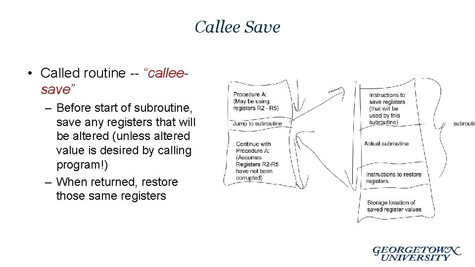 Callee Save • Called routine -- “calleesave” – Before start of subroutine, save any