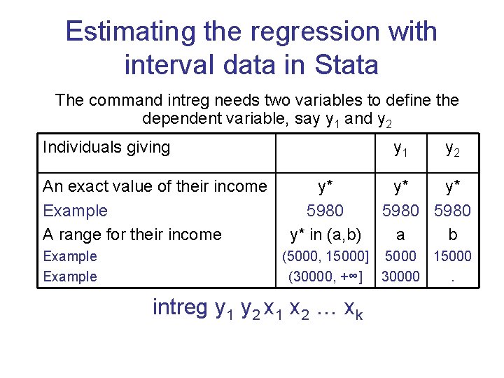 Estimating the regression with interval data in Stata The command intreg needs two variables Estimating the regression with interval data in Stata The command intreg needs two variables