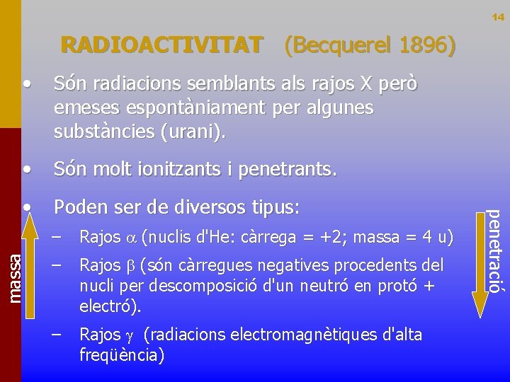 14 RADIOACTIVITAT (Becquerel 1896) • Són molt ionitzants i penetrants. • Poden ser de