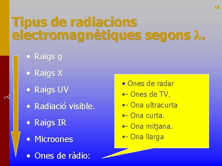 16 Tipus de radiacions electromagnètiques segons l. • Raigs g • Raigs X •