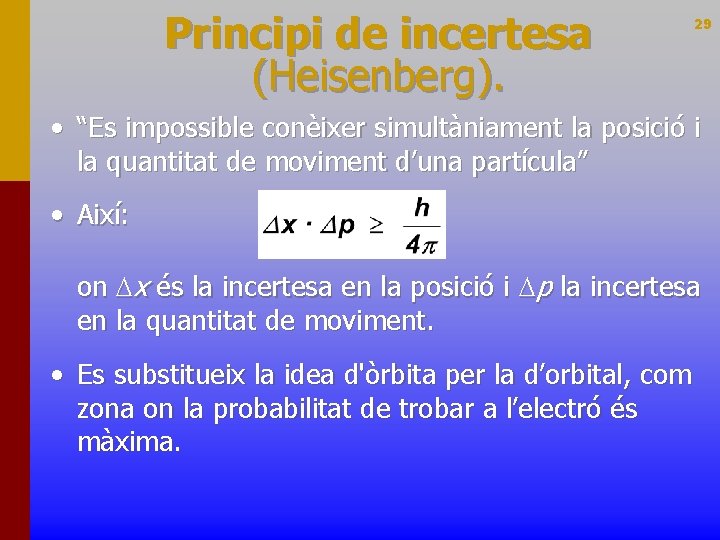 Principi de incertesa (Heisenberg). 29 • “Es impossible conèixer simultàniament la posició i la