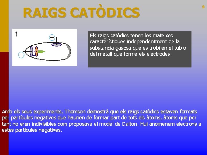 RAIGS CATÒDICS 9 Els raigs catòdics tenen les mateixes característiques independentment de la substancia