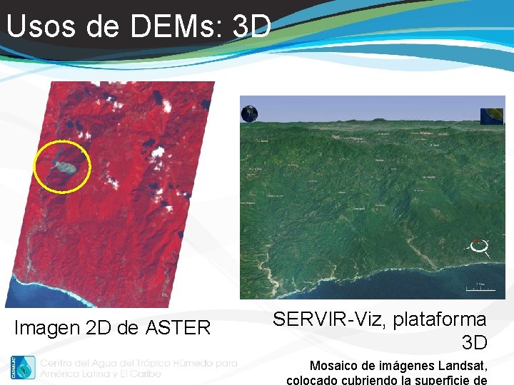 Usos de DEMs: 3 D Imagen 2 D de ASTER SERVIR-Viz, plataforma 3 D