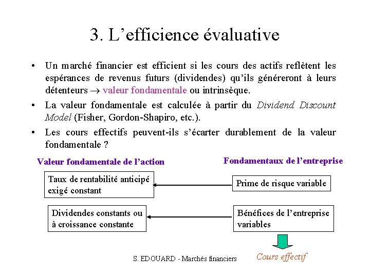 3. L’efficience évaluative • Un marché financier est efficient si les cours des actifs