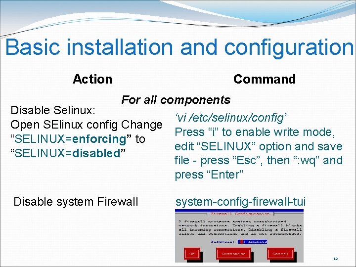 Basic installation and configuration Action Command For all components Disable Selinux: ‘vi /etc/selinux/config’ Open