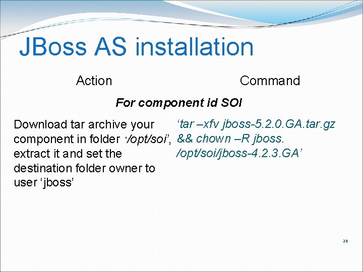 JBoss AS installation Action Command For component id SOI ‘tar –xfv jboss-5. 2. 0.