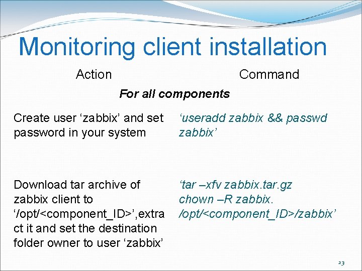 Monitoring client installation Action Command For all components Create user ‘zabbix’ and set password