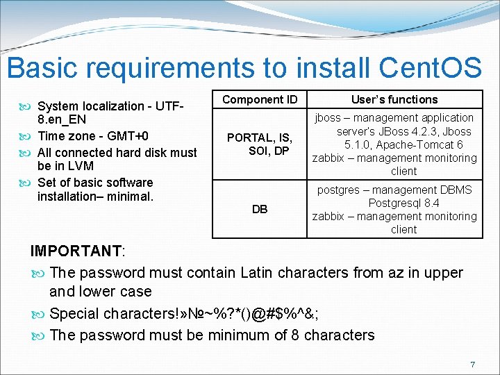 Basic requirements to install Cent. OS System localization - UTF 8. en_EN Time zone