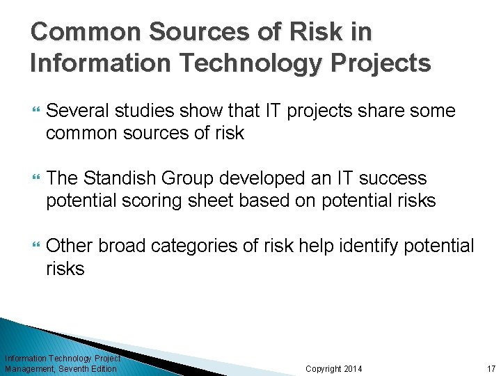 Common Sources of Risk in Information Technology Projects Several studies show that IT projects Common Sources of Risk in Information Technology Projects Several studies show that IT projects
