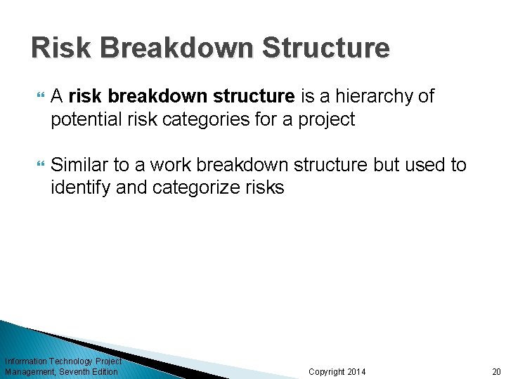 Risk Breakdown Structure A risk breakdown structure is a hierarchy of potential risk categories Risk Breakdown Structure A risk breakdown structure is a hierarchy of potential risk categories