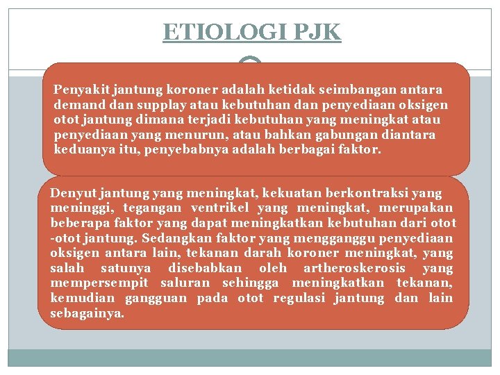 ETIOLOGI PJK Penyakit jantung koroner adalah ketidak seimbangan antara demand dan supplay atau kebutuhan